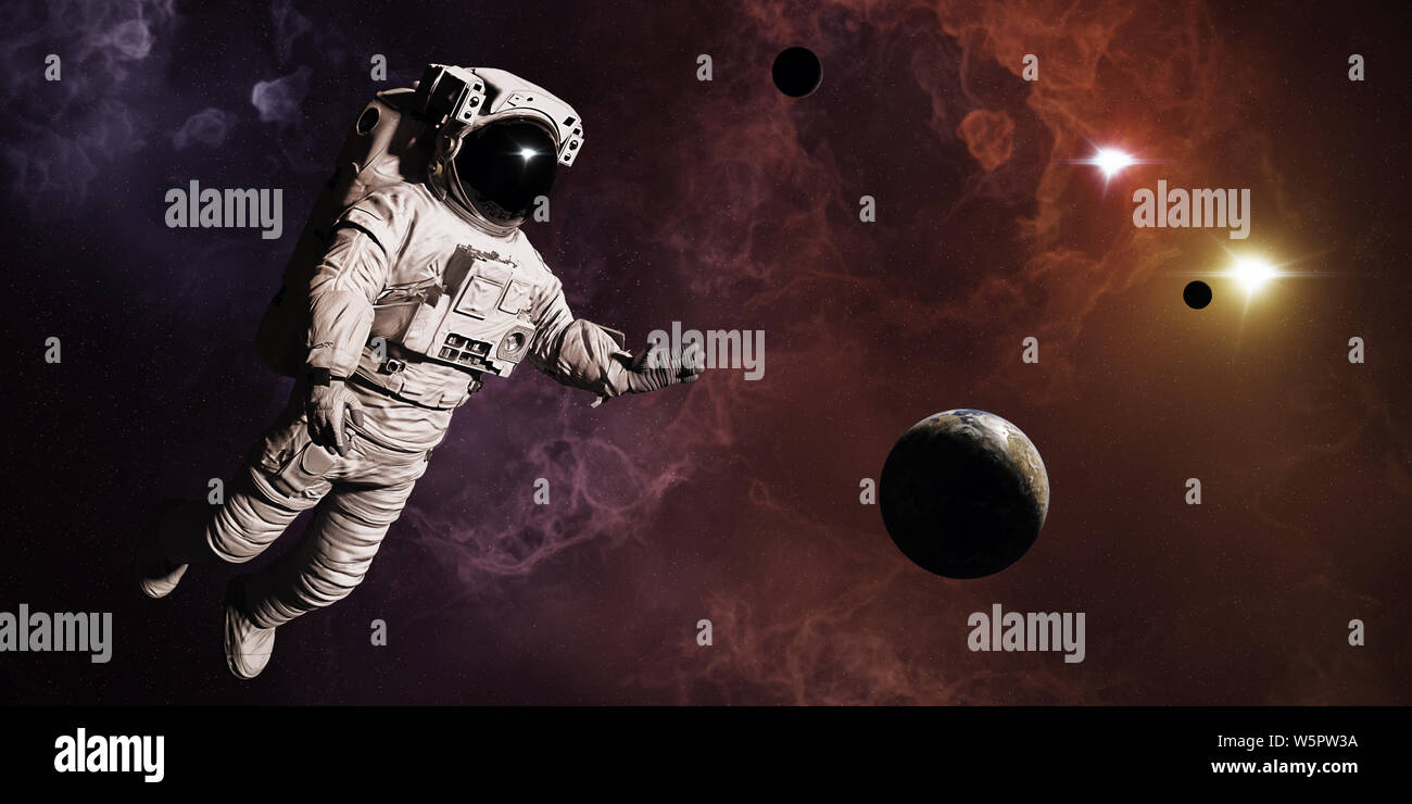 astronaut in colorful nebula with planets and moons Stock Photo