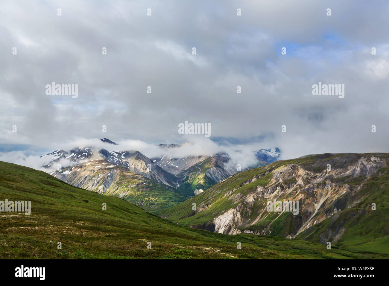 Picturesque Mountains of Alaska in summer. Snow covered massifs ...