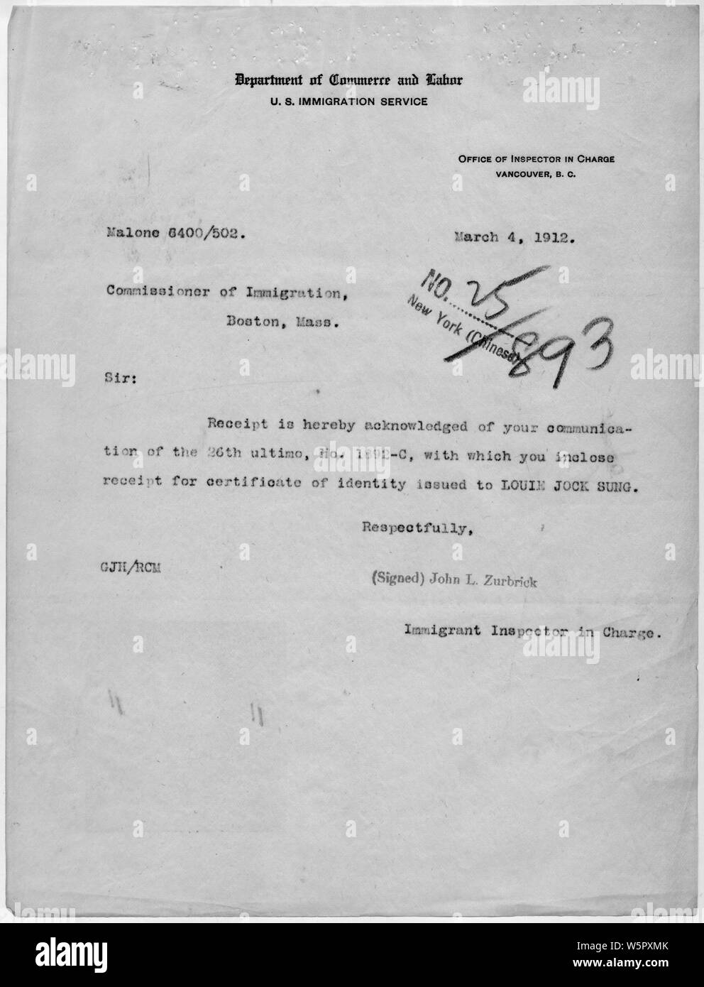 Letter acknowledging receipt of certificate of identity; Scope and content:  This document is filed with the Chinese Exclusion Act case file on Louie Jock Sung. Stock Photo
