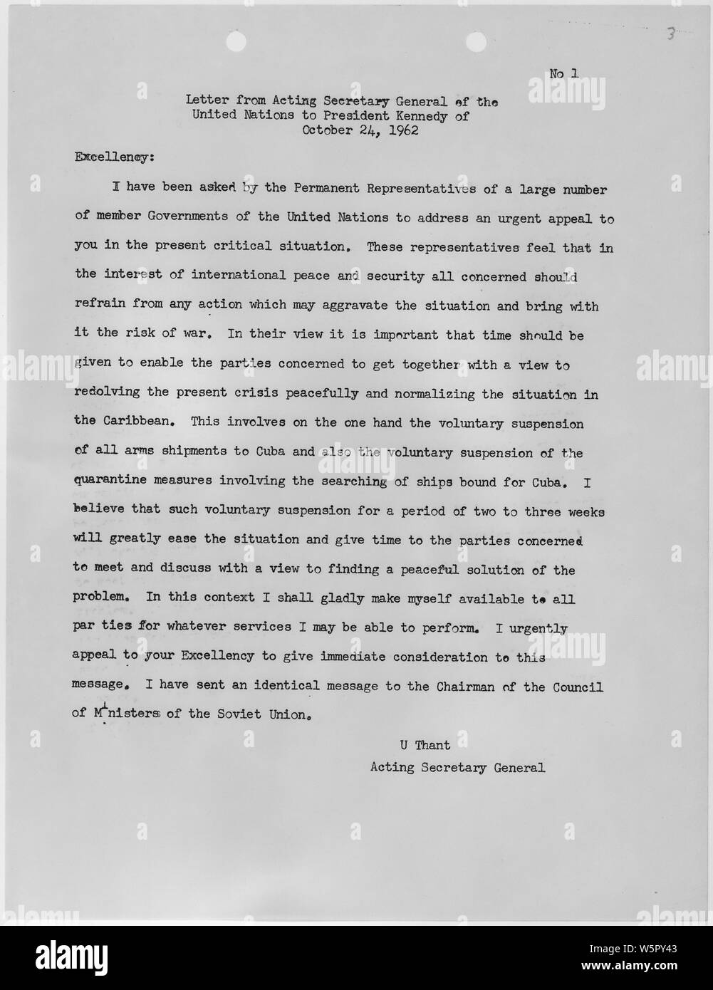 Letter From Acting Secretary General Of The United Nations To President Kennedy October 24 1962 Stock Photo Alamy