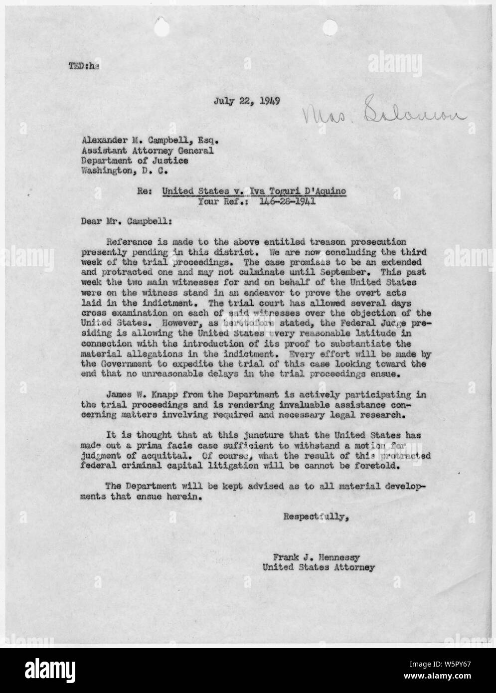 Letter from Frank J. Hennessy, U.S. Attorney for the Northern District of California, to Alexander M. Campbell, Assistant Attorney General, Washington, DC.; Scope and content:  This document relates to the controversial trial and conviction of Japanese American Iva Ikuko Toguri D'Aquino, identified by the U.S. Government as one of the women known as Tokyo Rose who were retained by the Government of Japan to make radio broadcasts of music and commentary to U.S. military personnel serving in the World War II Pacific Theater. Stock Photo