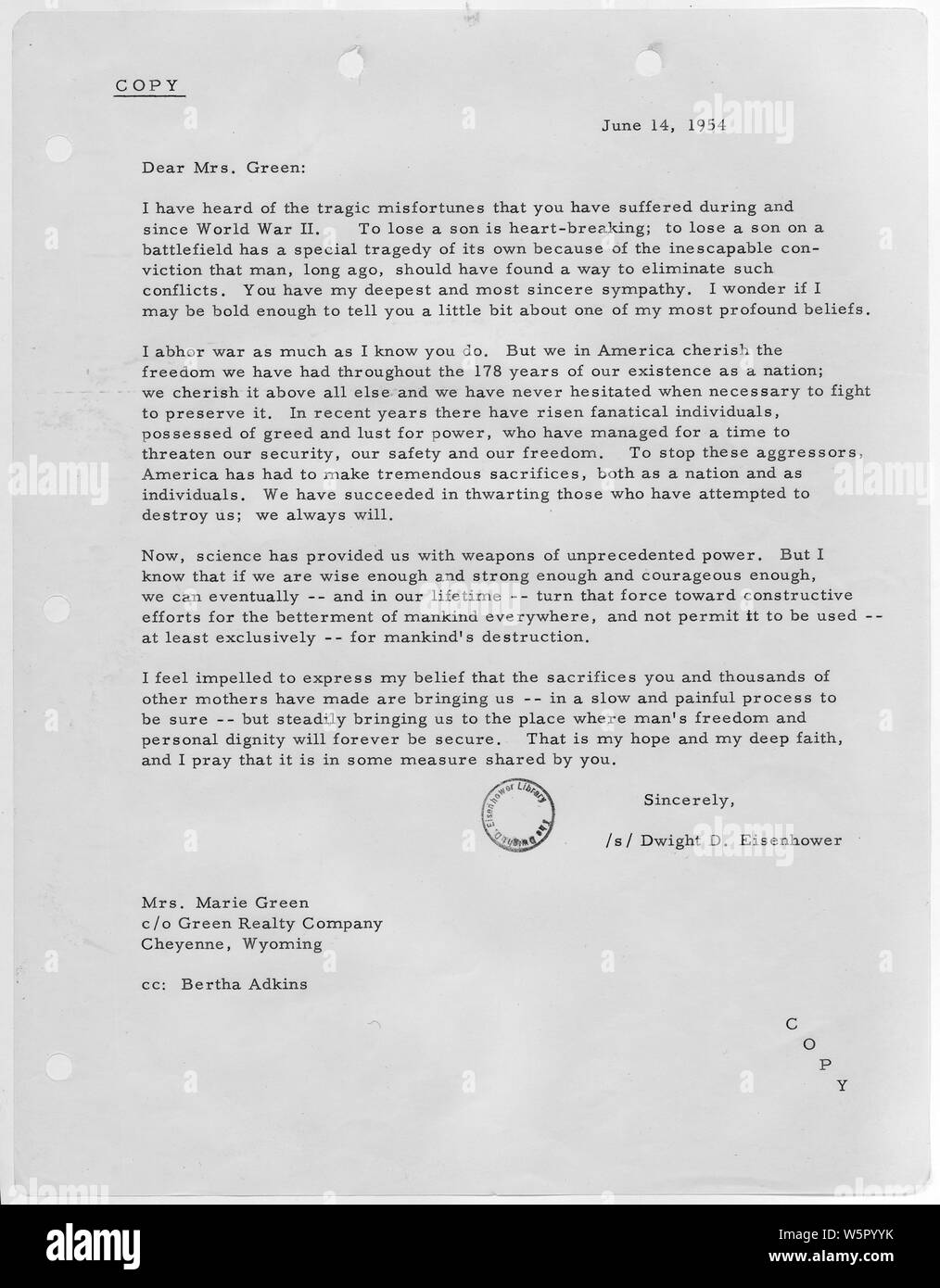 Letter from President Eisenhower to Marie Green; Scope and content:  This document relates to President Eisenhower's beliefs regarding war. Stock Photo
