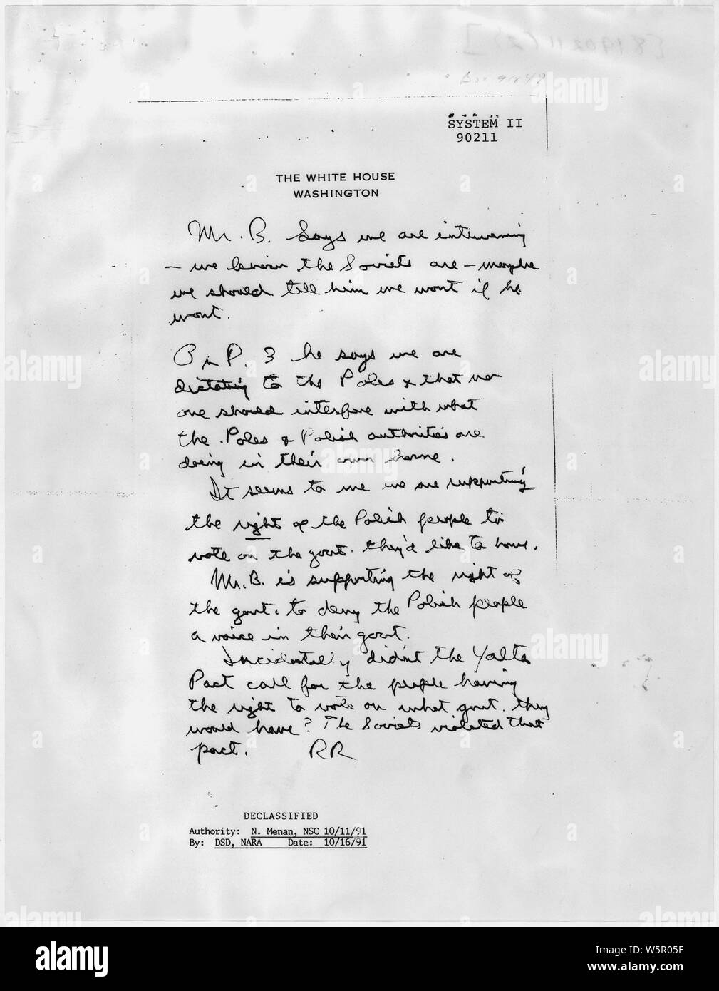 Letter from Ronald Reagan to Yuri Andropov; Scope and content:  Copy of handwritten Reagan note to Andropov regarding the arms reduction process. General notes:  Note was cited, and quoted in part, in Ronald Reagan's autobiography An American Life. Stock Photo