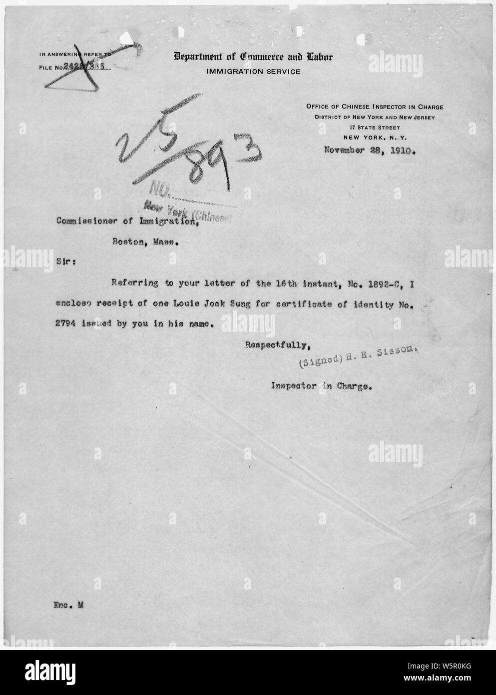 Letter from the Inspector in Charge acknowledging receipt of Loui Jock Sung's indentification certificate.; Scope and content:  This document is filed with the Chinese Exclusion Act case file on Louie Jock Sung. Stock Photo