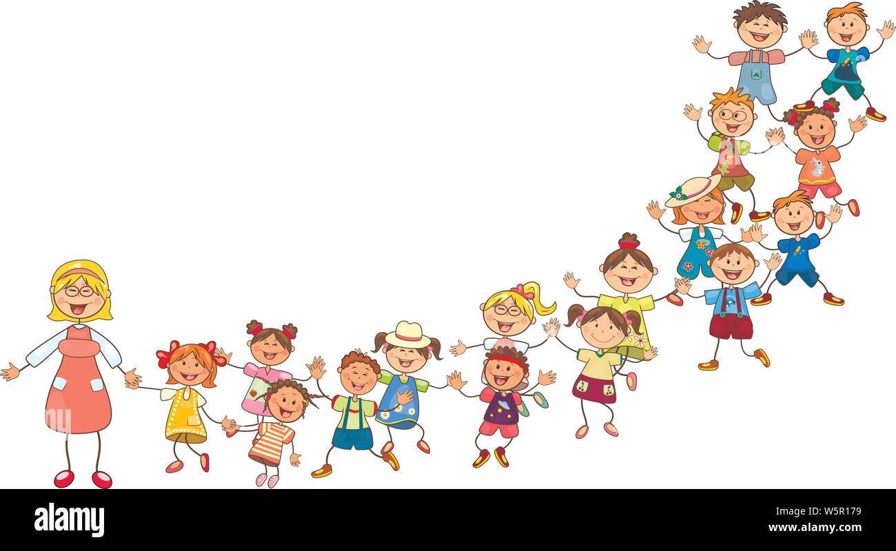 Joyful little kids and a teacher. A group of children with a teacher on a walk. Group of cheerful, smiling children on a white background. Stock Vector