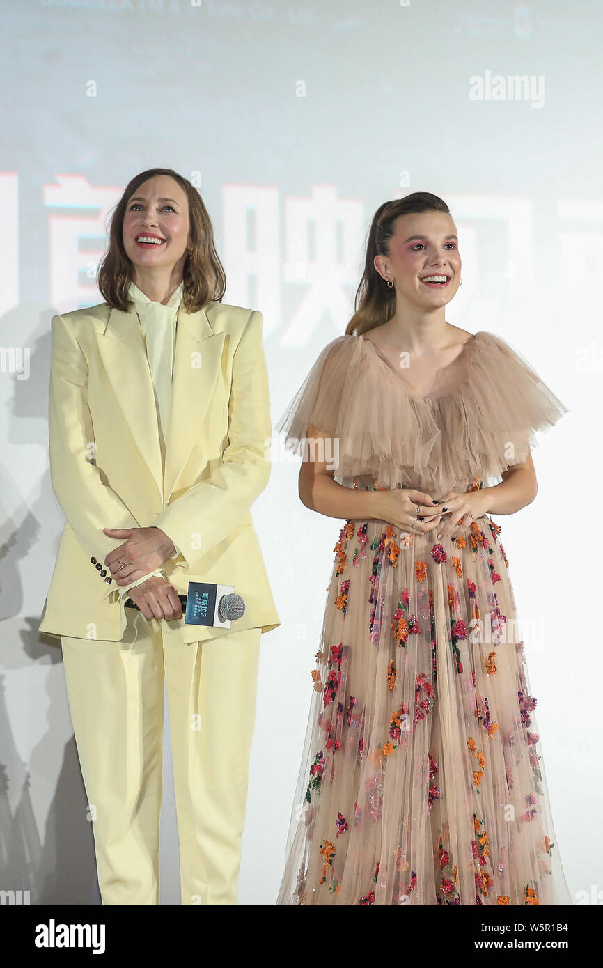 American actress and film director Vera Farmiga, left, and British actress Millie Bobby Brown attend a premiere event for new movie 'Godzilla: King of Stock Photo