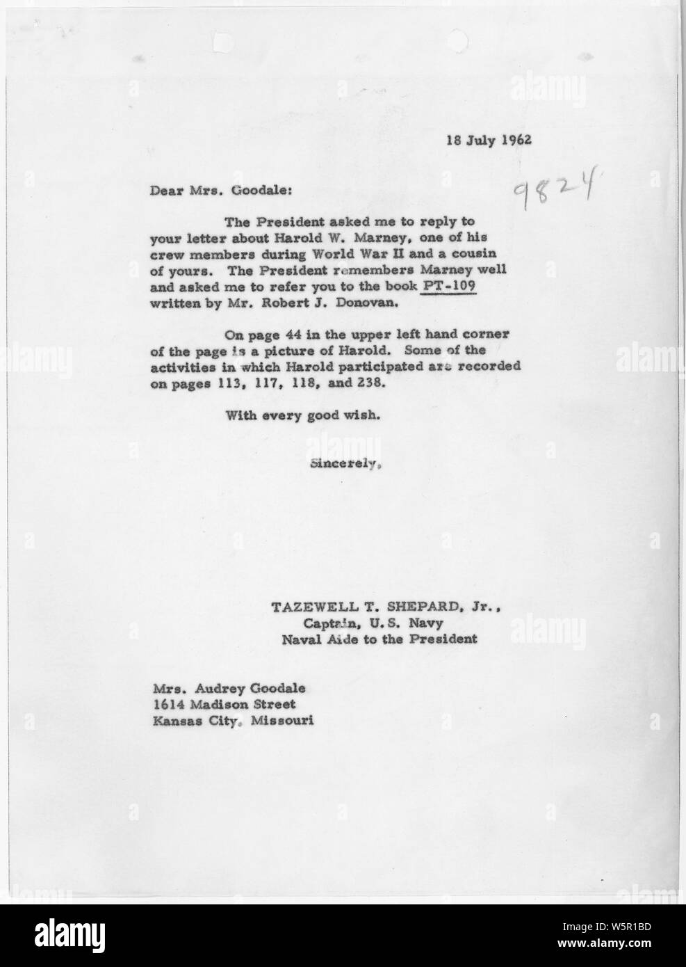 Letter on PT 109 Crew Information July 18, 1962; Scope and content:  Letter containing information on Harold W. Marney who served with John F. Kennedy aboard PT 109. Stock Photo