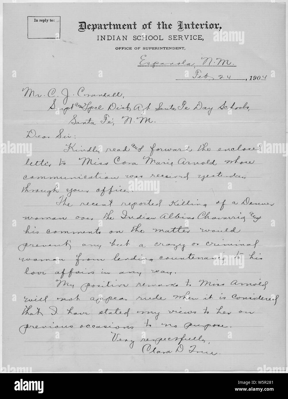 Letter to Superintendent concerning a letter from Cora Marie Arnold and