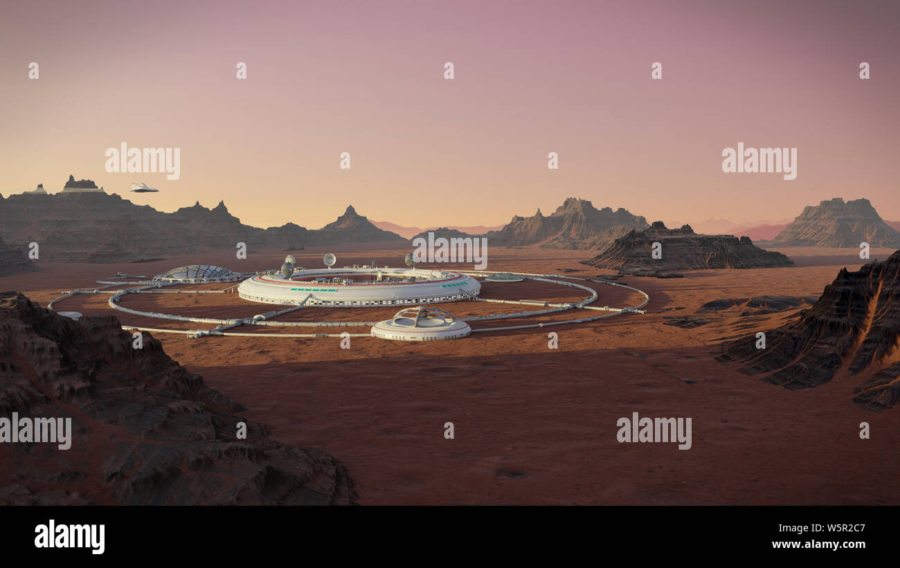 station on Mars surface,  colony in desert landscape on the red planet Stock Photo