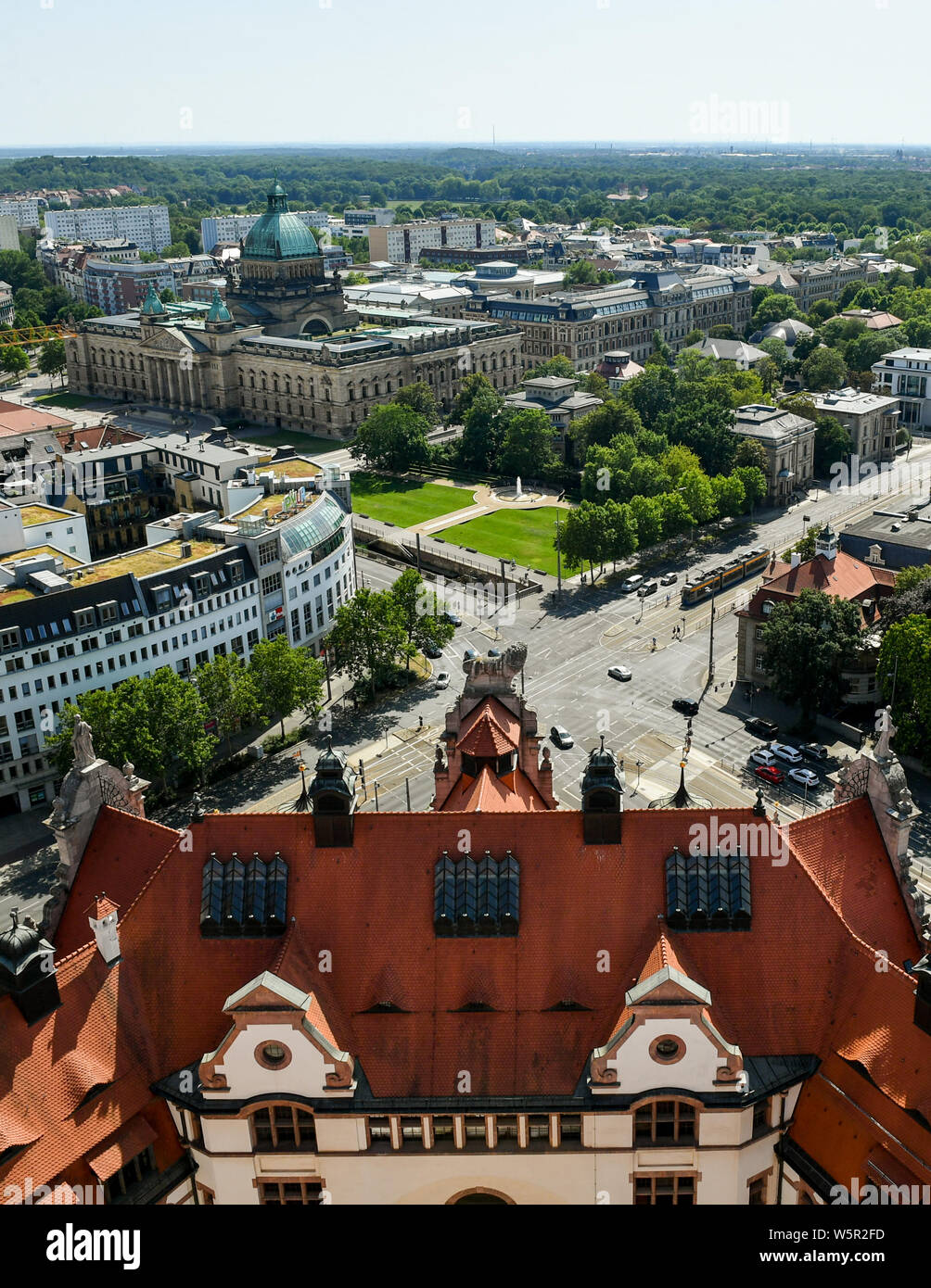 Leipzig, Germany. 25th July, 2019. Panoramic view from the tower of the ...