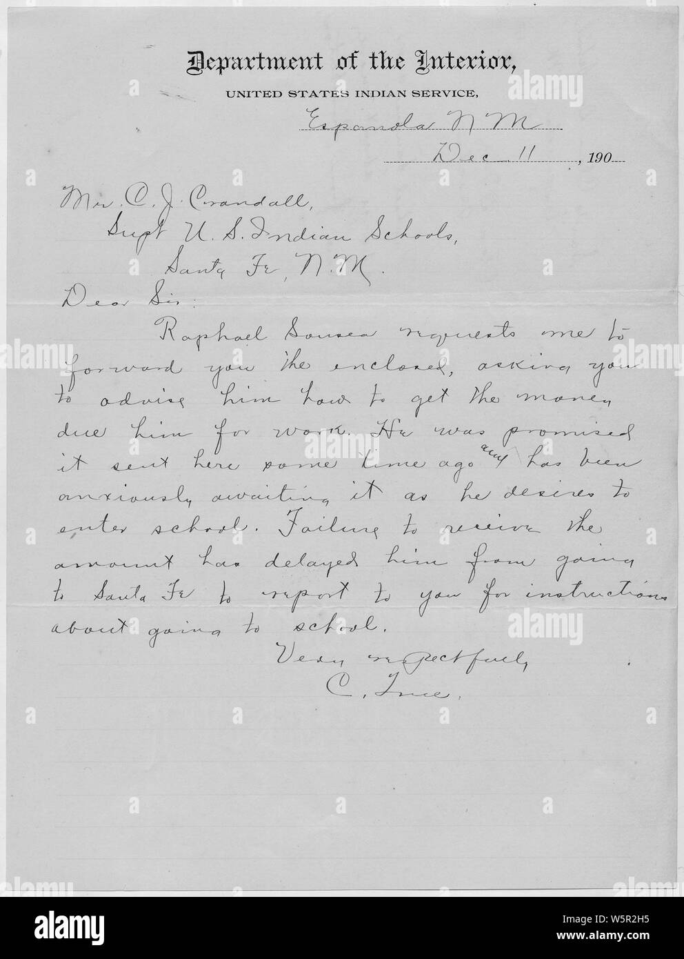 Letter to Superintendent concerning monies owed to Raphael Sousea in order to go to school.; Scope and content:  Letter to Supt. Crandall from Miss True who is writing for Raphael Sousea requesting monies he was promised so that he can go to school in Santa Fe. Stock Photo