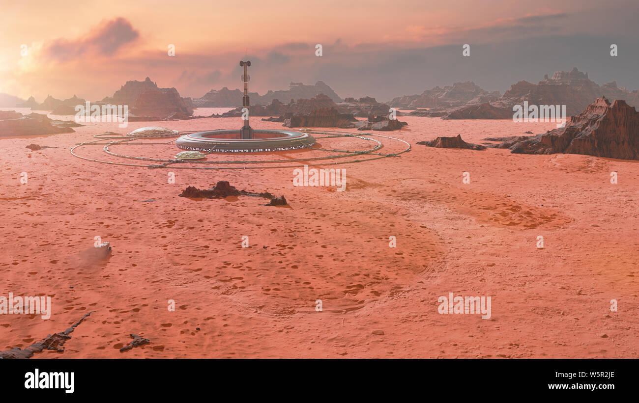 habitat in martian desert landscape, first colony on planet Mars Stock Photo