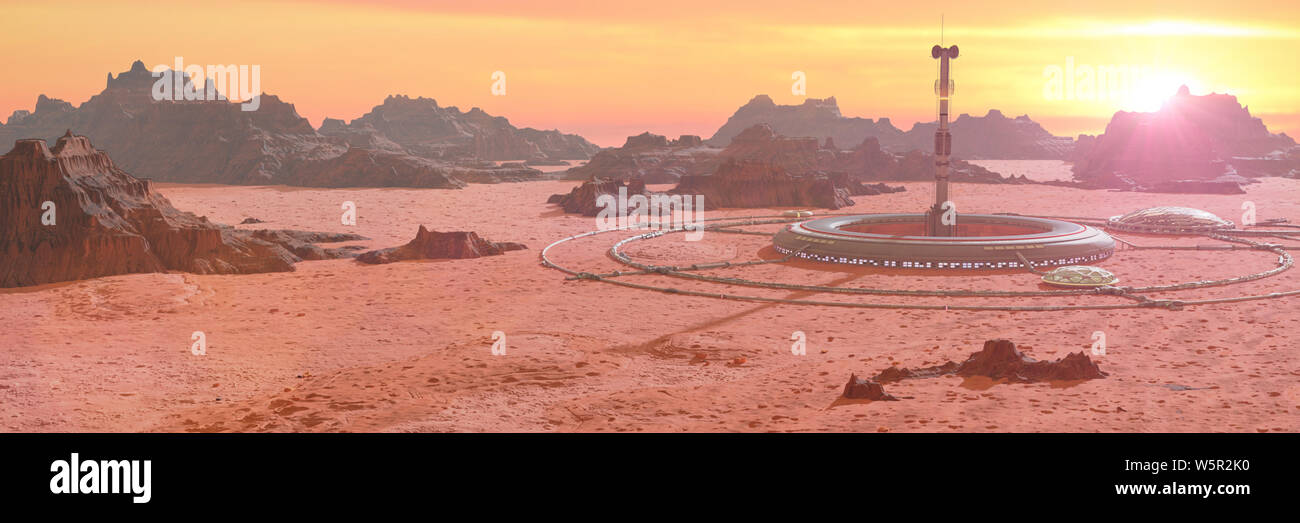 habitat in martian desert landscape, first colony on planet Mars Stock Photo