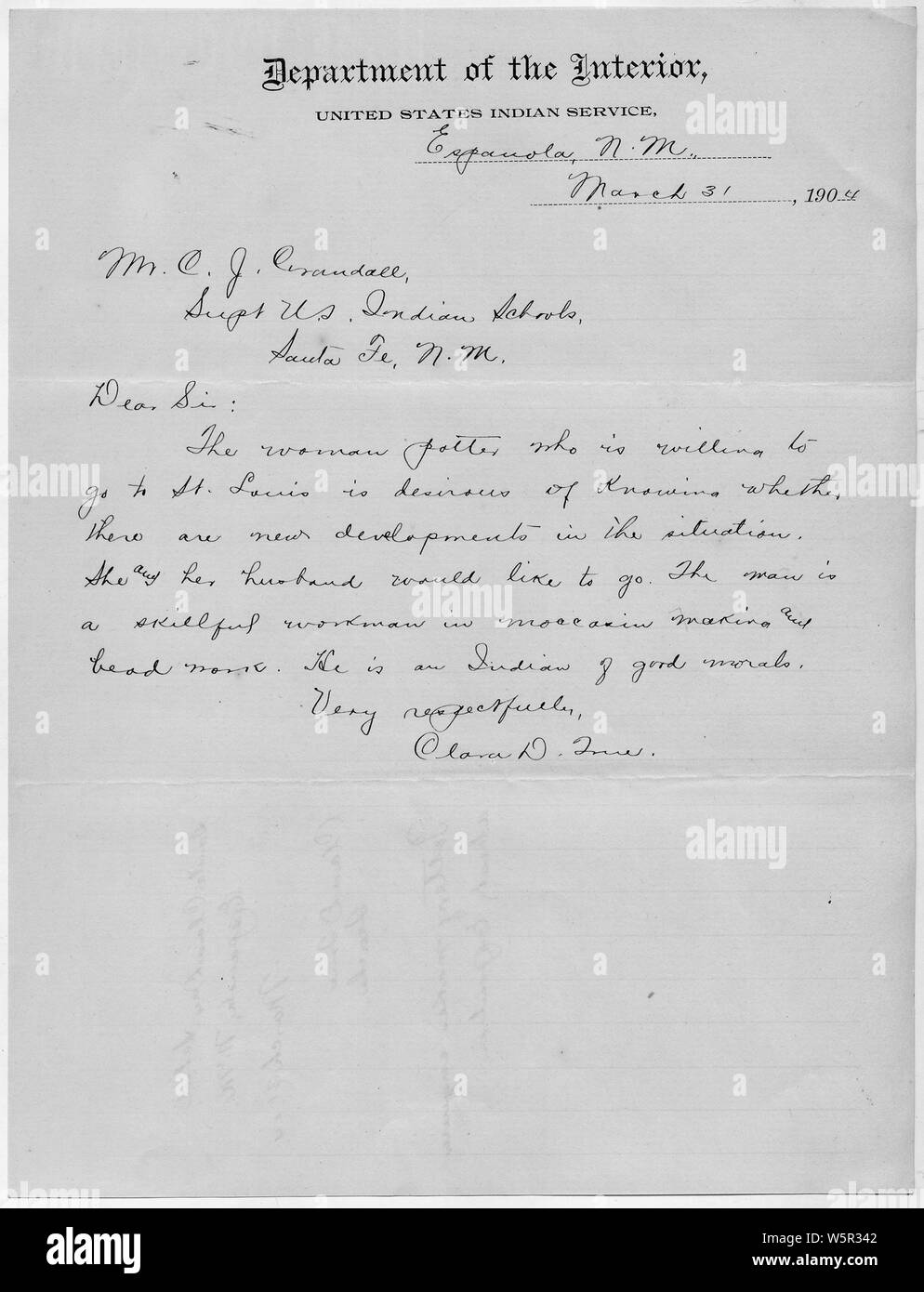 Letter to Superintendent pertains to the woman potter and her husband and their trip to the St. Louis Exposition.; Scope and content:  Letter to Supt. Crandall from Miss True concerning the woman potter and her husband who does bead work and makes moccasins. They wanted to know if any arrangements about their trip to the St. Louis Exposition. Stock Photo