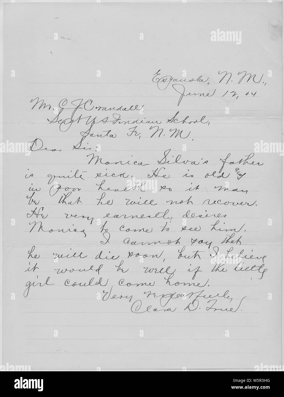 Letter to Superintendent requesting that a student of the Santa Fe Indian School be sent home.; Scope and content:  Letter to Supt. Crandall from Miss True requesting on behalf of a very sick Indian that his daughter who is enrolled in the Santa Fe Indian School be sent home to see him. Stock Photo