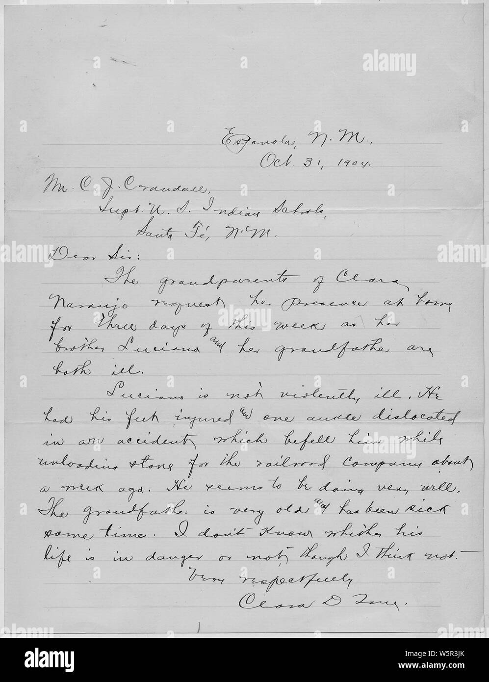 Letter to Superintendent requesting that a student at the Santa Fe Indian Boarding School be sent home.; Scope and content:  Letter to Supt. Crandall from Miss True written on behalf of the grandparents of Clara Naranjo, who is a student at the Santa Fe Indian Boarding School. The grandparents were ill and her brother was injured and they wanted her to come home to help them. Stock Photo