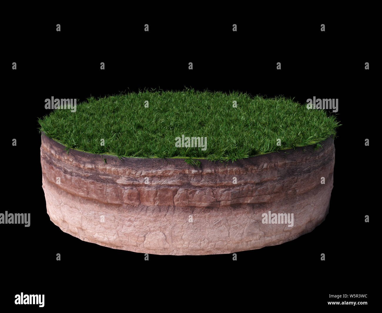 model of a cross section of ground with grass on the surface (3d render, isolated on black background) Stock Photo