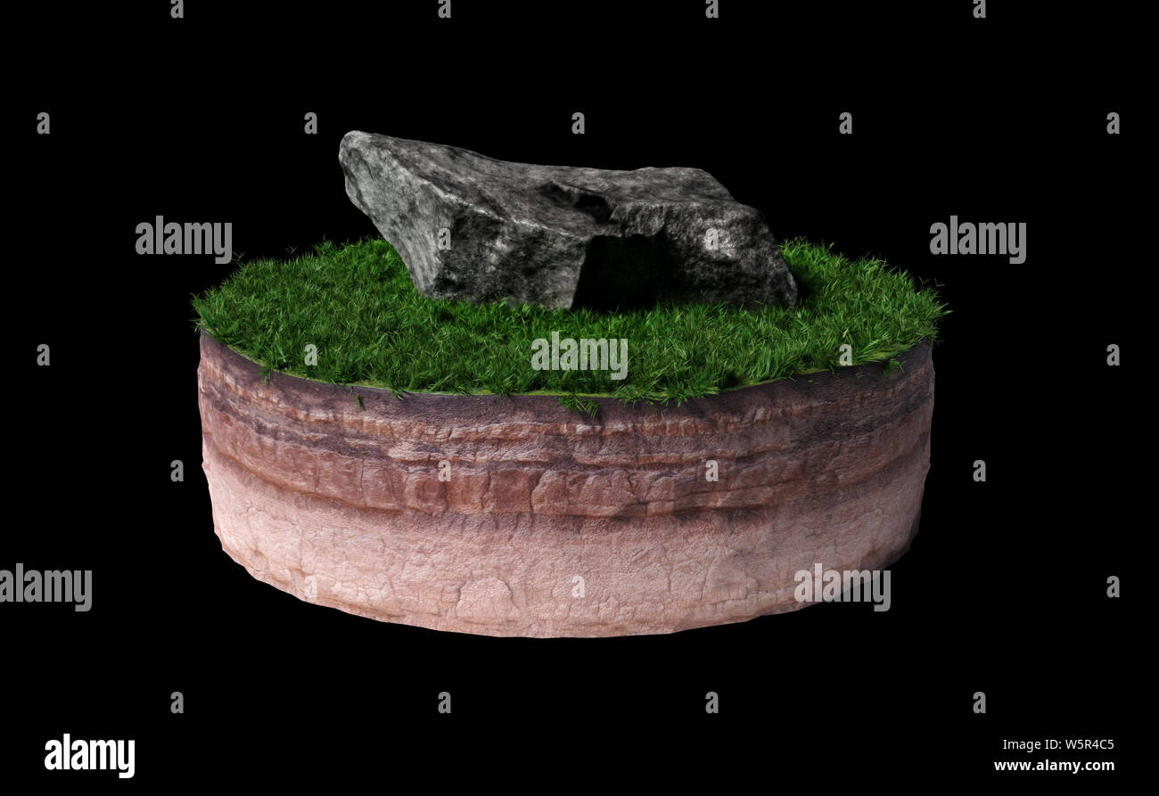 model of a cross section of ground with grass and a huge rock on the surface (3d render, isolated on black background) Stock Photo