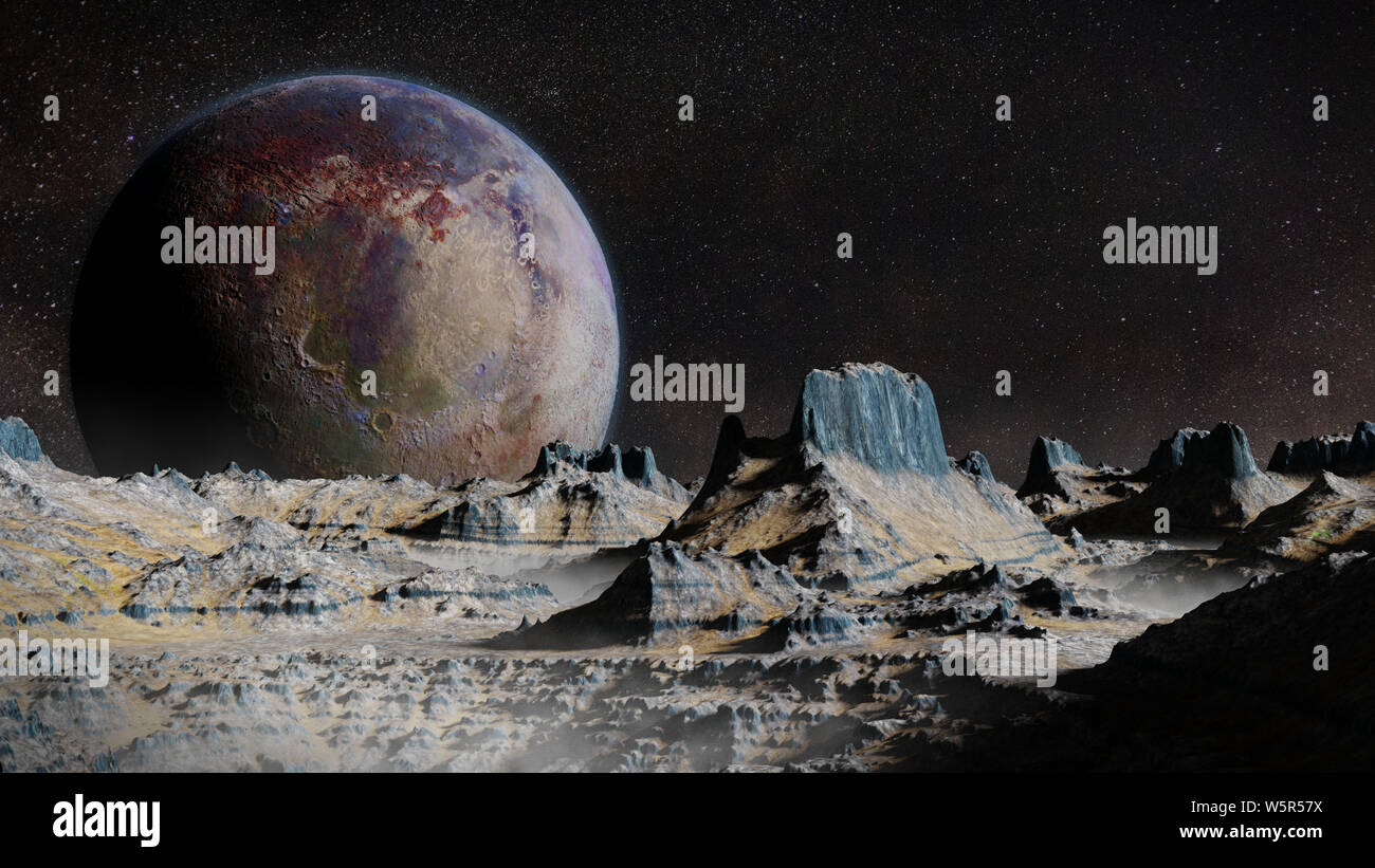 scenic alien planet landscape at night Stock Photo