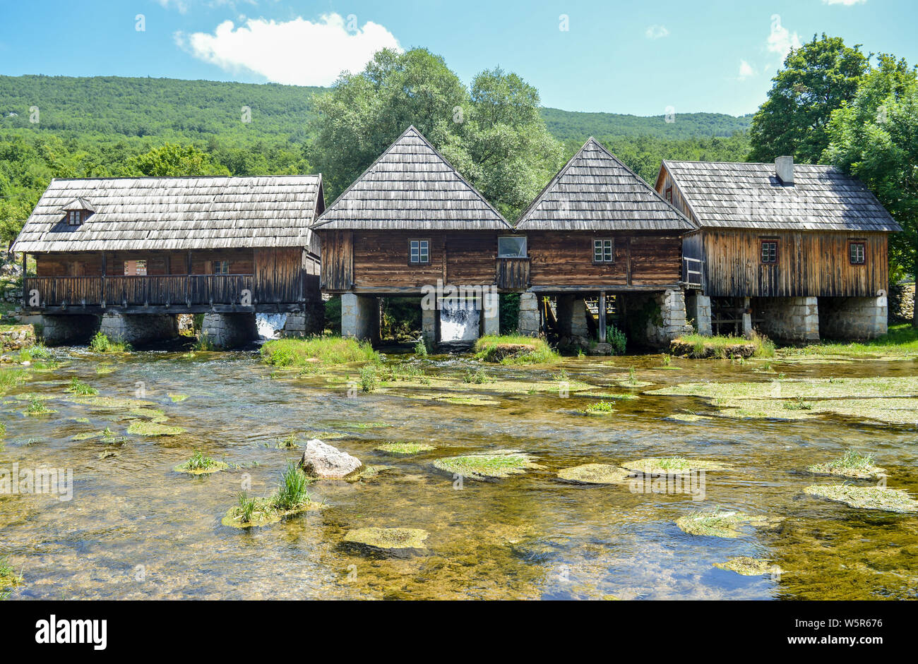 Wooden water mills on river Gacka springs, Croatia Stock Photo