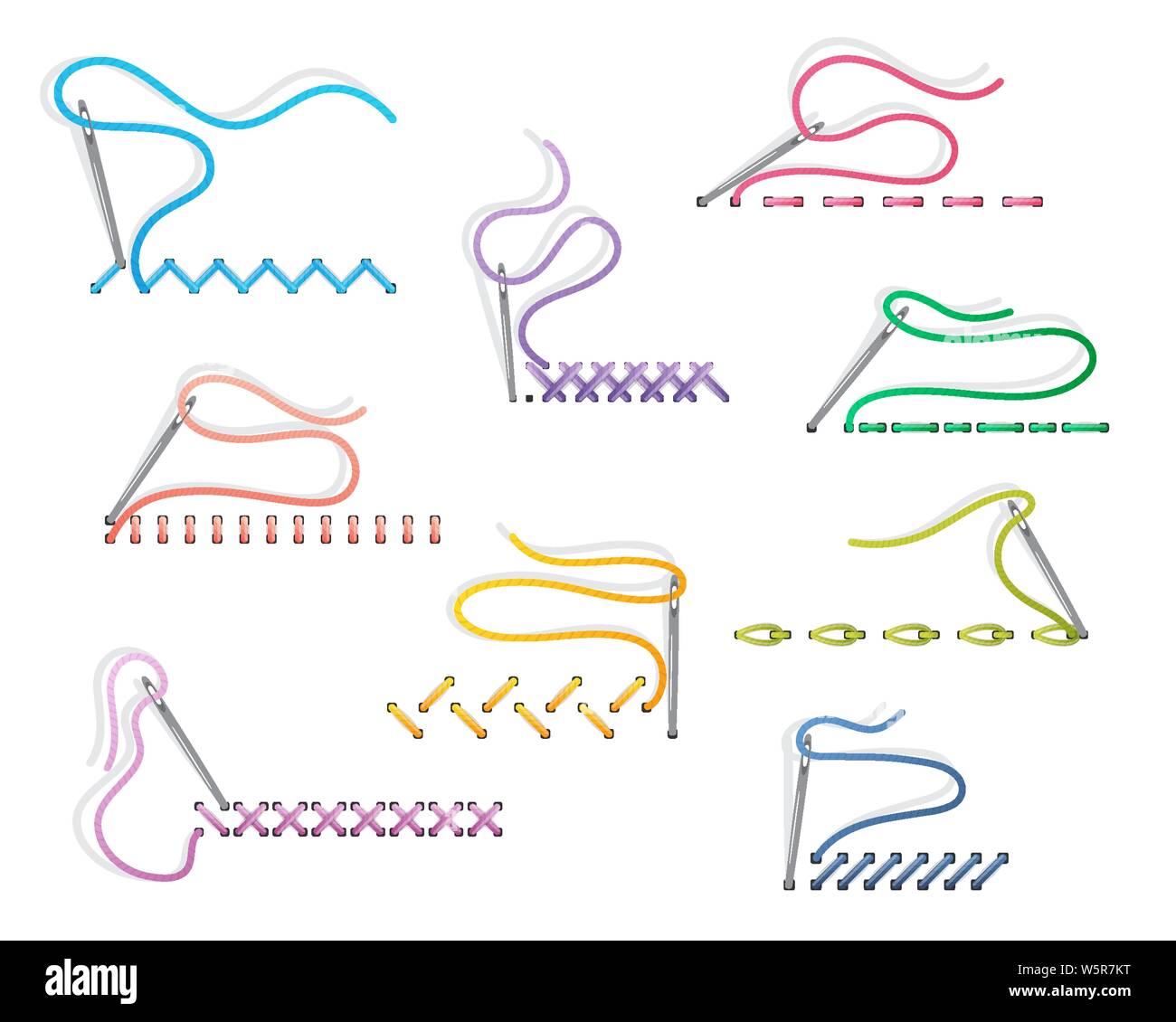 Sewing needles on white background with embroidery stitches Stock