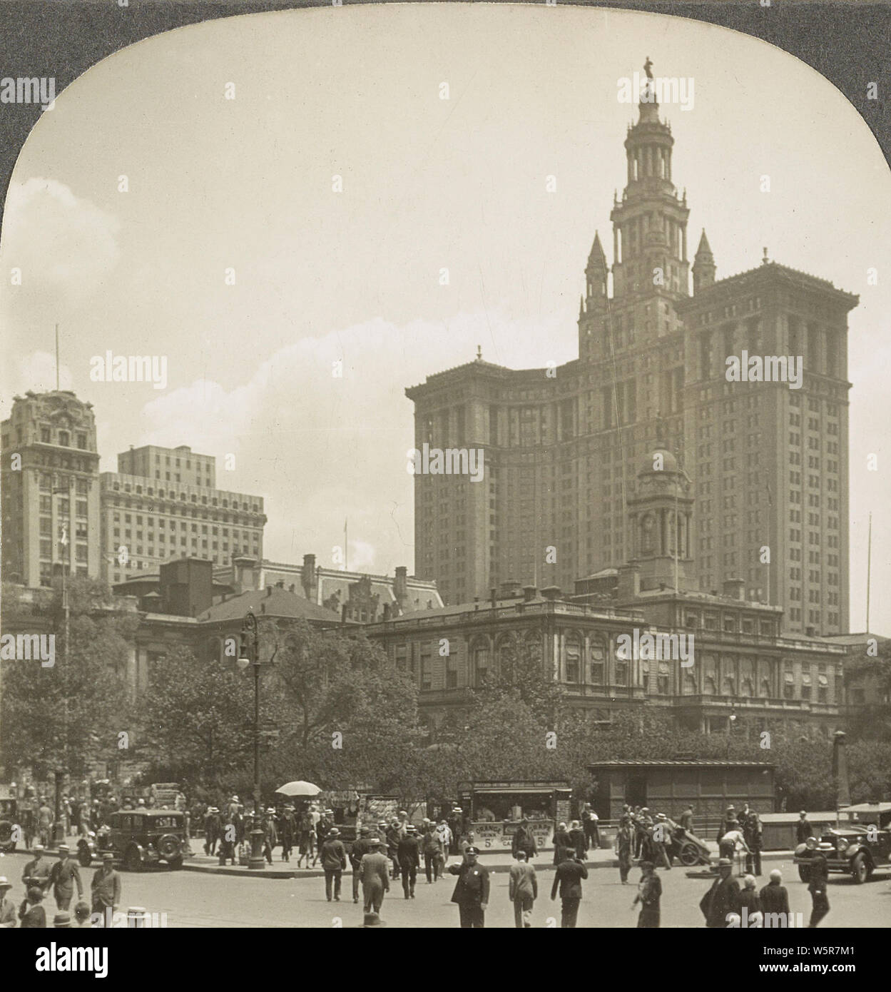City Hall Park and the municipal building from Broadway, New York City. 1920s. Stock Photo