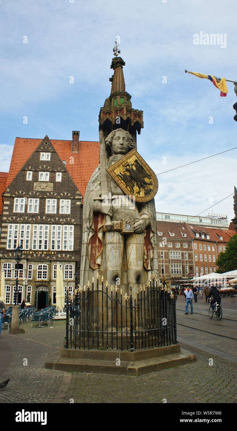 Bremen, Germany - 07 23 2015 - Sculpture of the Bremen Roland on the ...