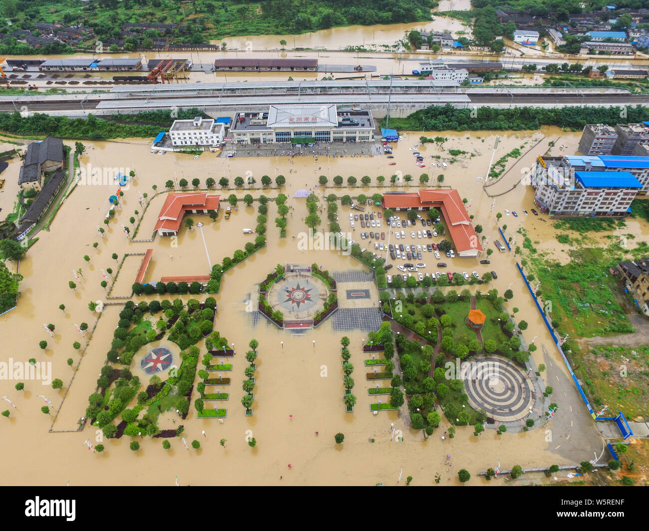 An aerial view of the flooded square in front of the Quanzhou South Railway Station following heavy rains in Quanzhou county, Guilin city, south China Stock Photo