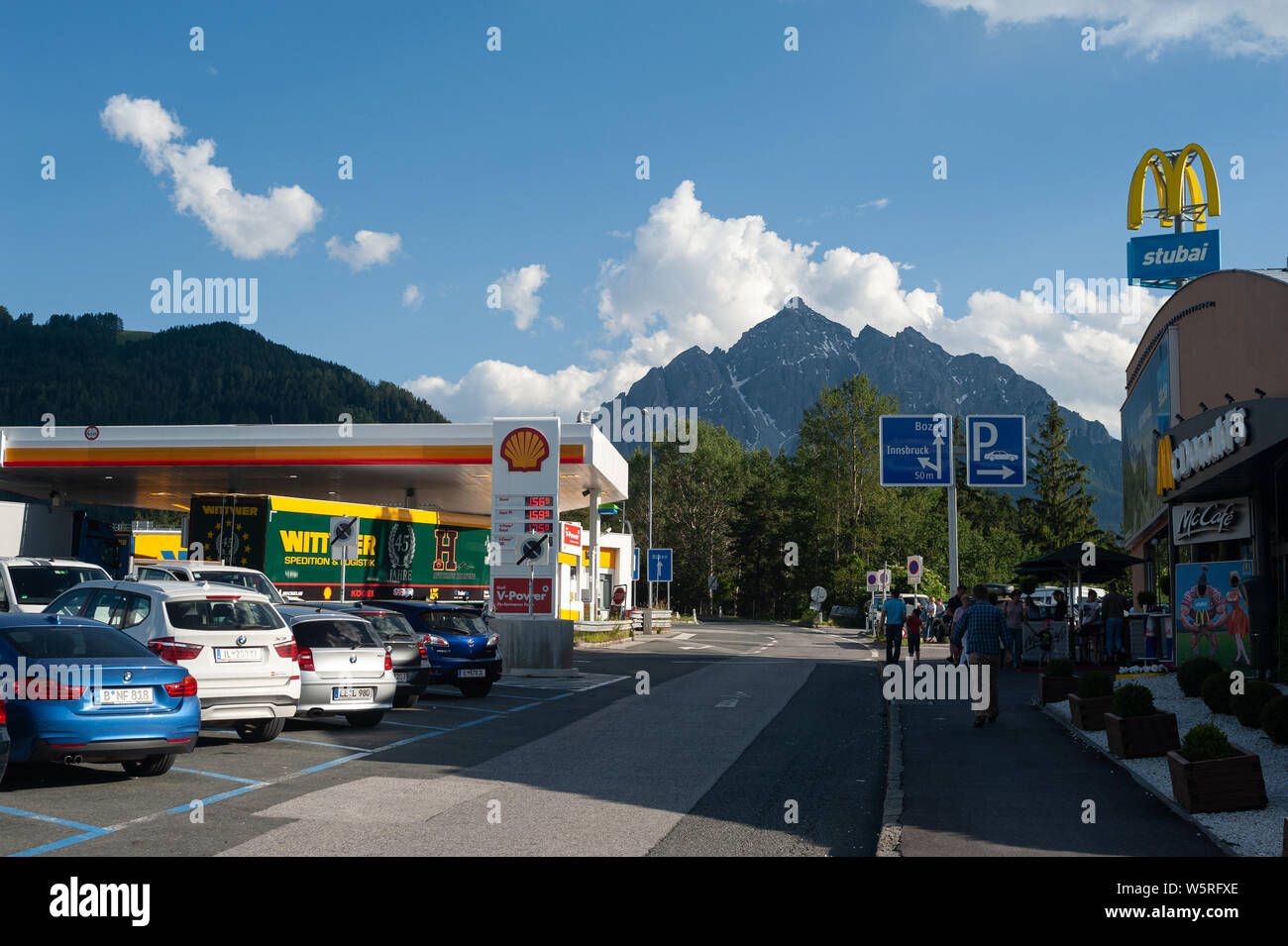 19.06.2019, Schoenberg, Tyrol, Austria, Europe - Service station at Stubaital along the Brenner Autobahn motorway with a view of The Alps. Stock Photo