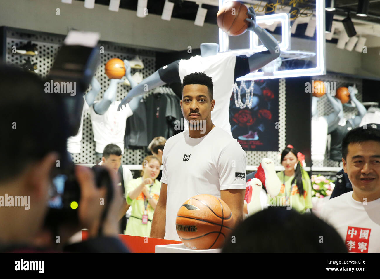 NBA star CJ McCollum of Portland Trail Blazers interacts with fans during his China Tour in Shijiazhuang city, north China's Hebei province, 14 June 2 Stock Photo