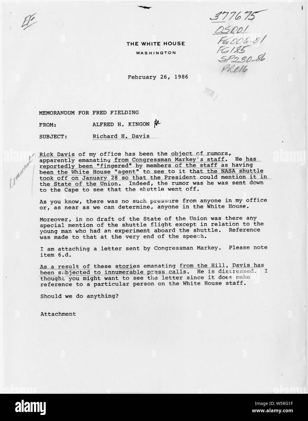 Memo from Alfred H. Kingon to Fred Fielding, re Richard H. Davis; Scope and content:  Memo from the Cabinet Secretary to the White House Counsel, regarding unfounded allegations that a White House staff person had a role in the timing of the space shuttle Challenger launch. Stock Photo