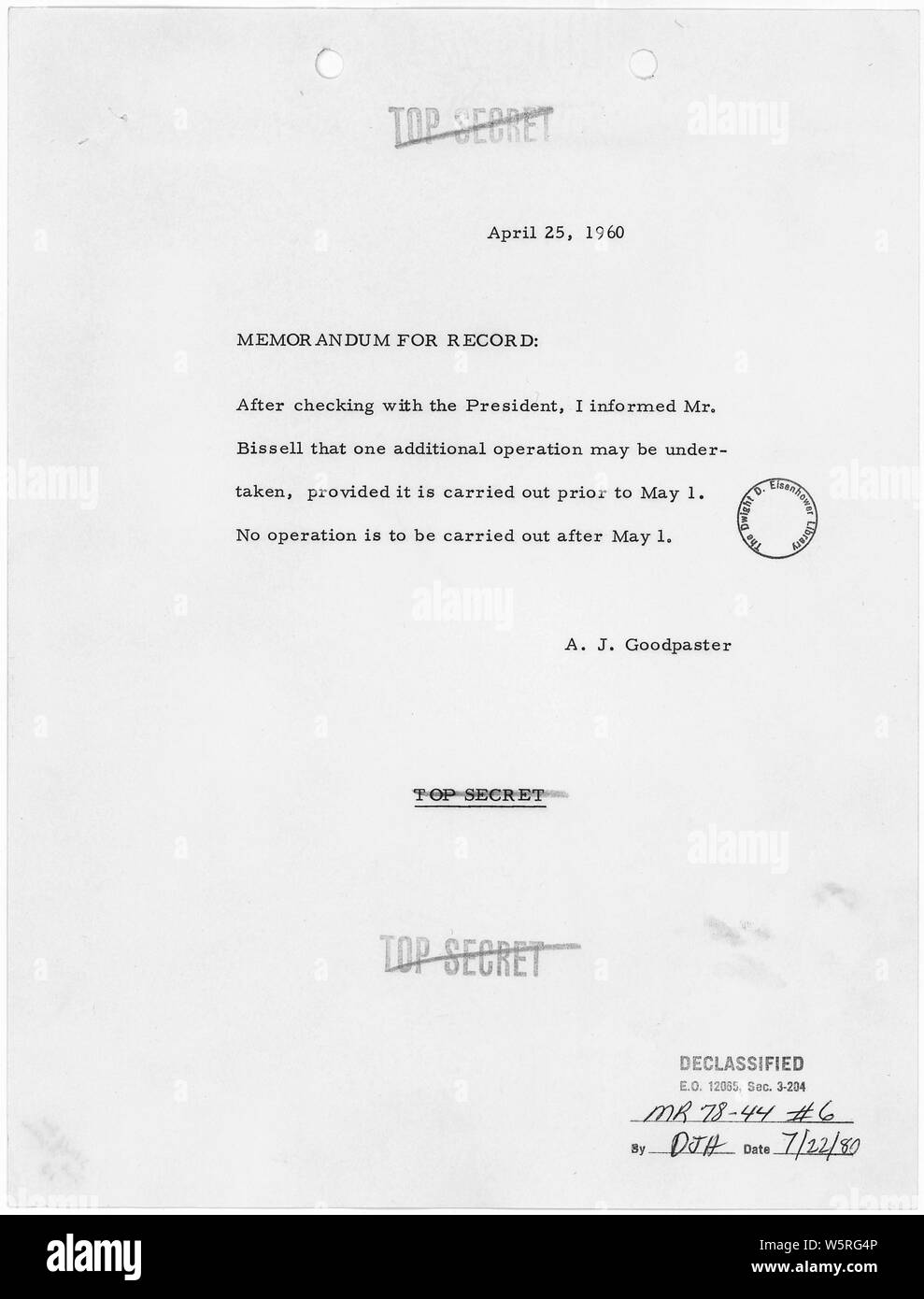 Memorandum for Record by A. J. Goodpaster (Andrew Jackson Goodpaster); Scope and content:  Authorization for one additional U-2 operation prior to May 1, 1960. Stock Photo