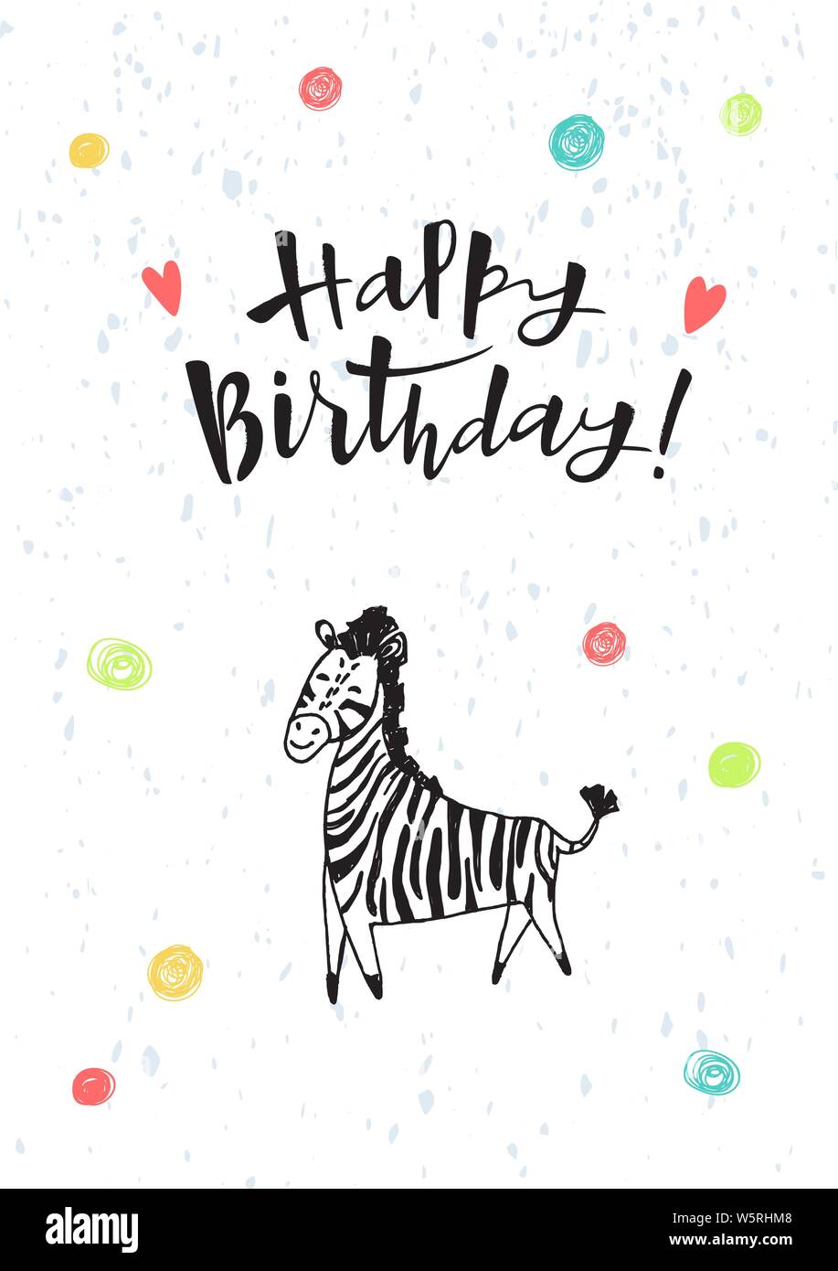 Safari Cute Animals Vector Zebra Card With Lettering Happy