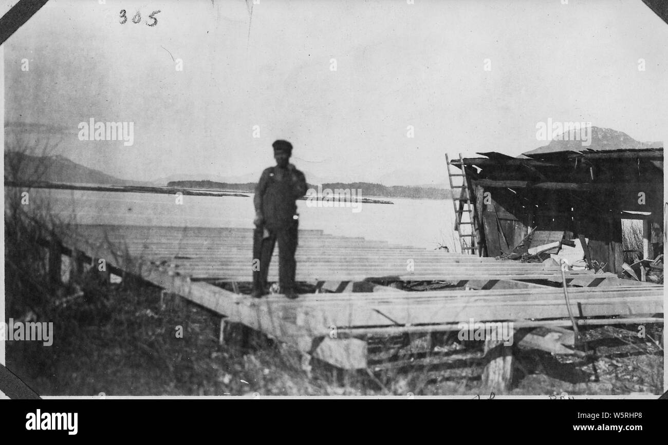 Metlakahtla, Alaska. Foundation of pool room being built by John Hayward, Feb. 26, 1917. Stock Photo