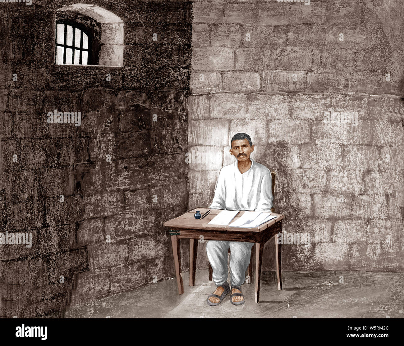 old vintage Drawing of Mahatma Gandhi in prison in South Africa 1908 Stock Photo