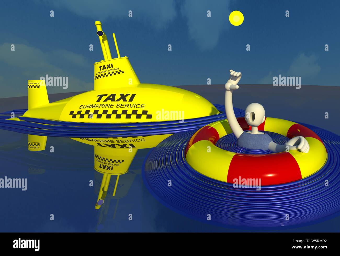 Unusual yellow cab submarine service in the sea 3D illustration 1. A drowning character calling a taxi in the middle of the ocean. Collection. Stock Photo