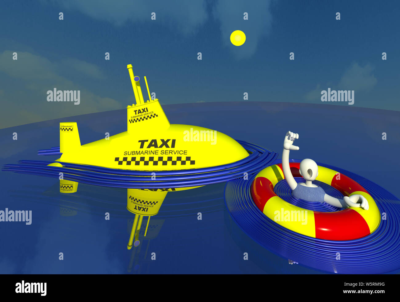 Unusual yellow cab submarine service in the sea 3D illustration 2. A drowning character calling a taxi in the middle of the ocean. Collection. Stock Photo