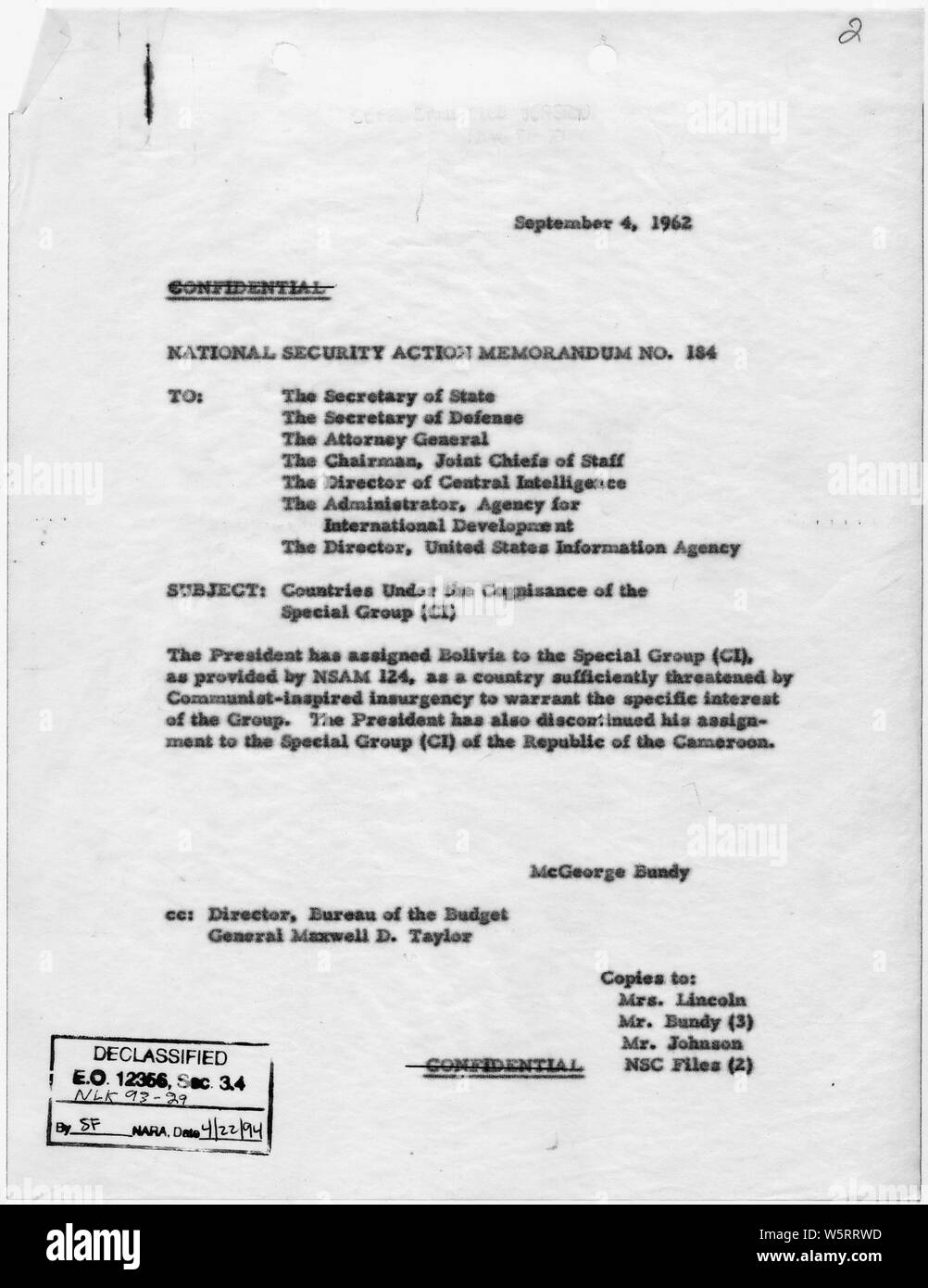 National Security Action Memorandum No. 184 Countries under the Cognizance of the Special Group; Scope and content:  Memorandum for Secretary of State and others informing them that Bolivia has been assigned to the Special Group (Counterinsurgency) Stock Photo