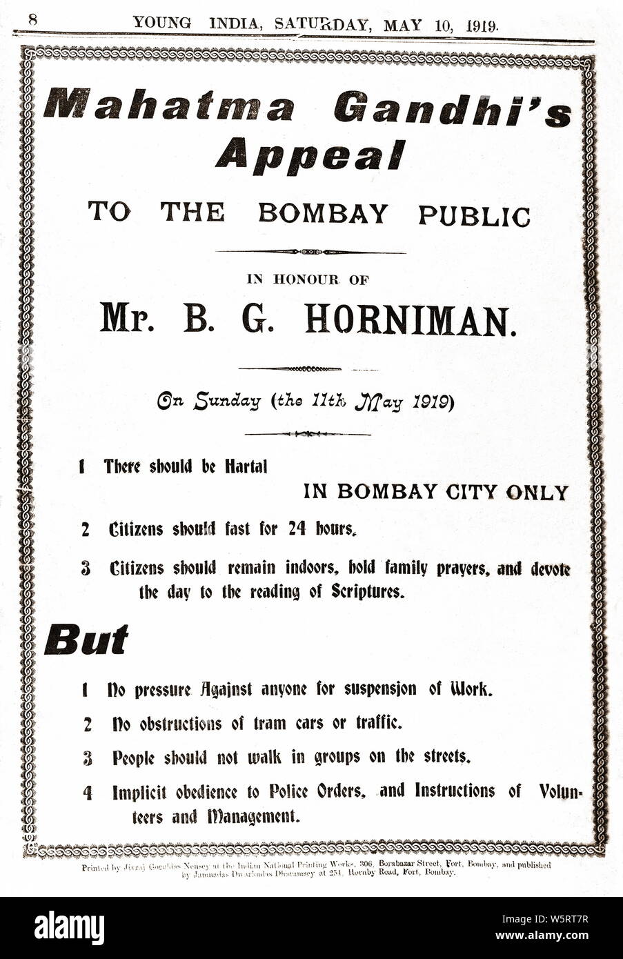 Poster of Mahatma Gandhi appeal for strike Bombay Mumbai Maharashtra India Asia 11 May 1919 old vintage 1900s picture Stock Photo