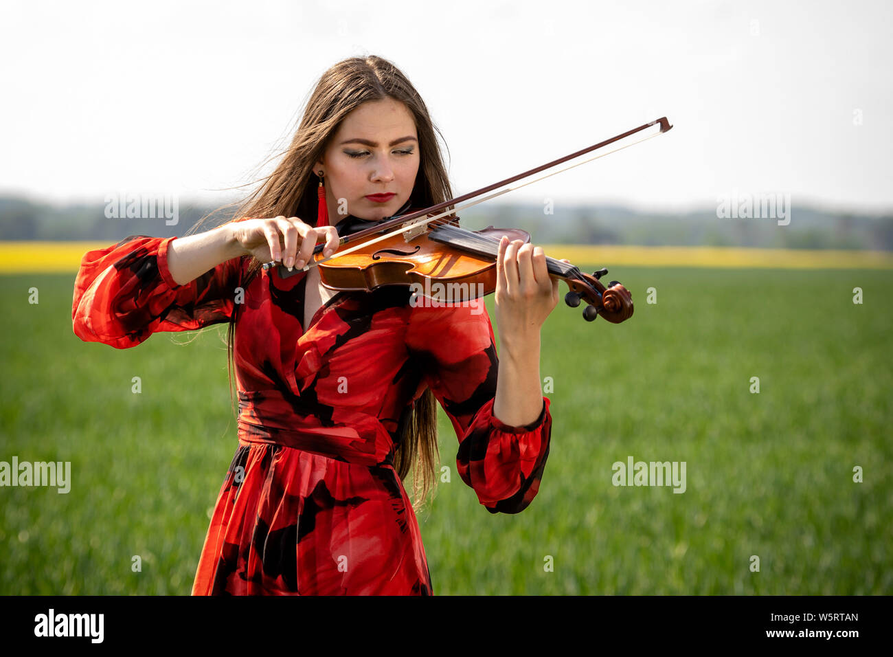 Young woman in red dress playing violin in green meadow Stock Photo - Alamy