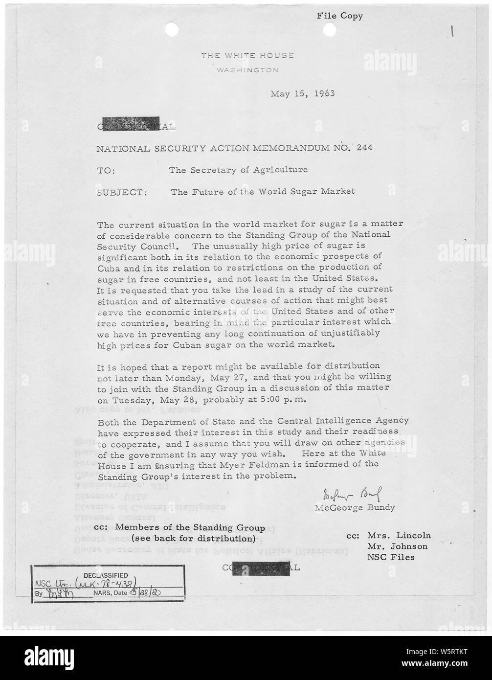 National Security Action Memorandum No. 244 The Future of the World Sugar Market; Scope and content:  Memorandum for Secretary of Agriculture concerning the high price of sugar and it's relation to the restrictions on Cuba. Stock Photo