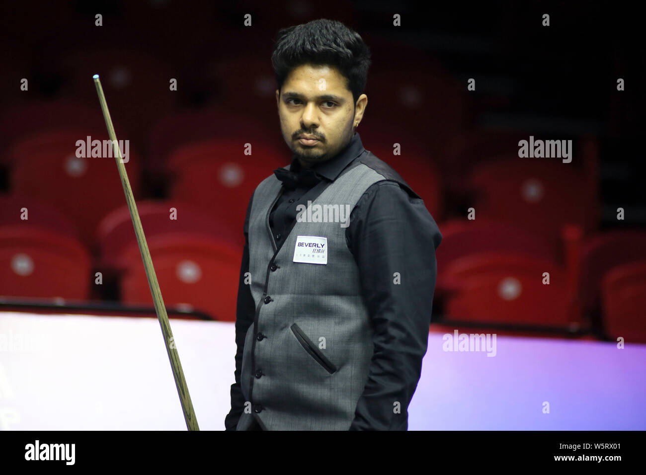 Himanshu Dinesh Jain of India considers a shot to Wales in the Group D match during the Beverly 2019 Snooker World Cup in Wuxi city, east Chinas Jian Stock Photo