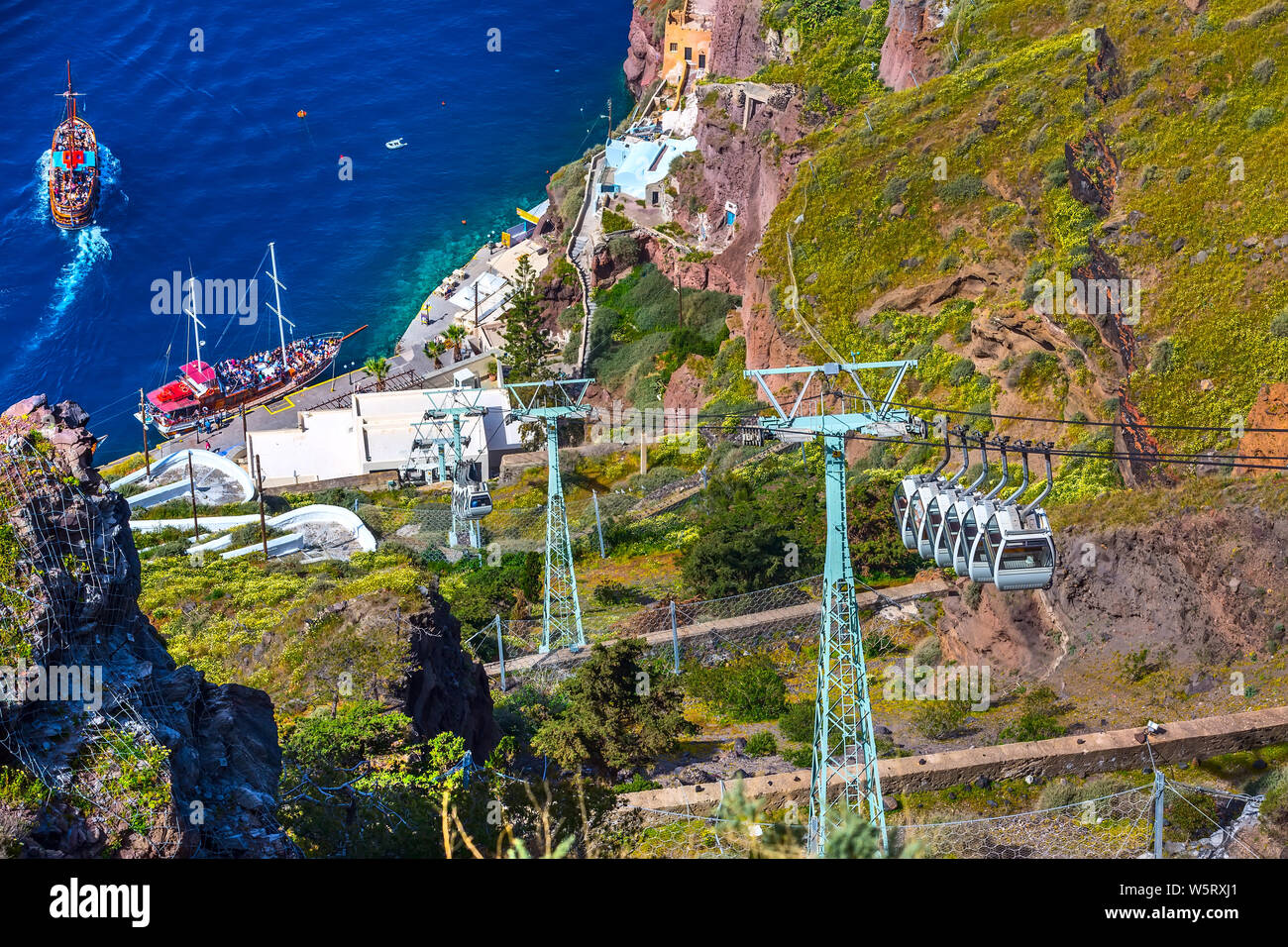 Fira Santorini Island Greece Panoramic View With Cable Car