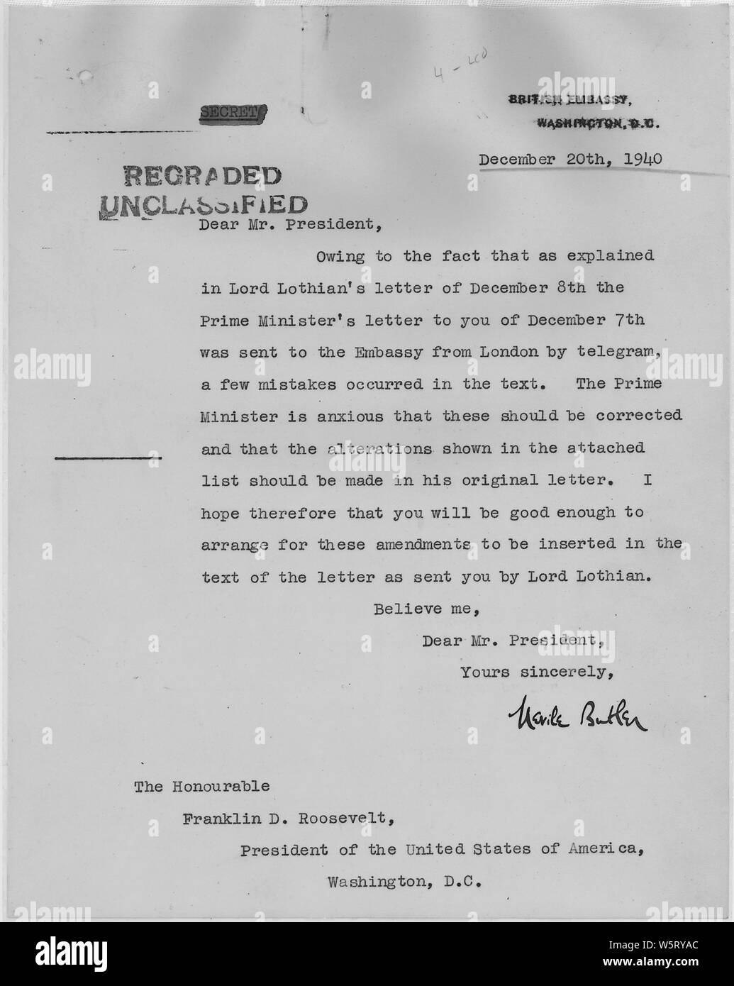 Neville Butler to Franklin D. Roosevelt Stock Photo Alamy