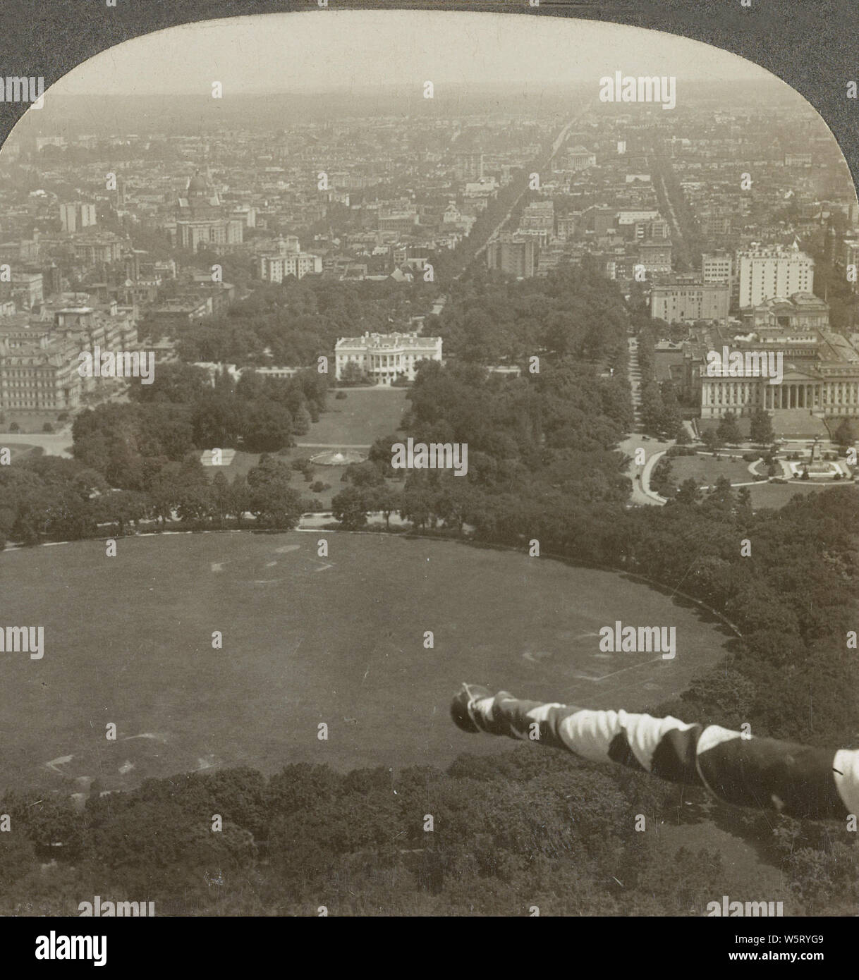 Looking North from Washington Monument toward the White House, Washington, D. C. in 1928. The White House is the official residence and workplace of the president of the United States. It is located at 1600 Pennsylvania Avenue NW in Washington, D.C. and has been the residence of every U.S. president since John Adams in 1800. Stock Photo