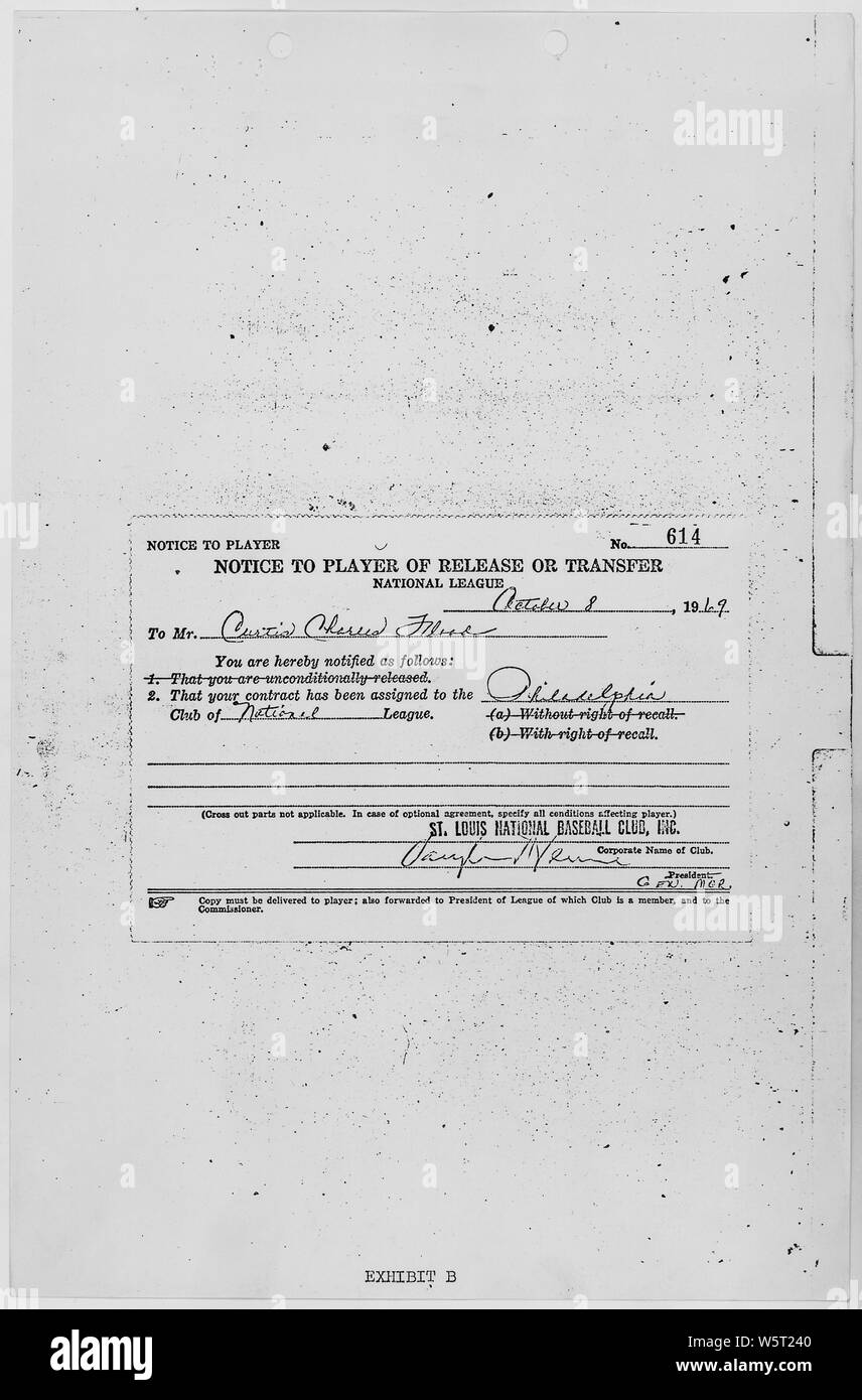 Notice to Player of Release or Transfer, a form used to notify Curtis Charles Flood that his contract was assigned to the Philadelphia baseball club; Scope and content:  This document is filed in the case of Curtis C. Flood, Plaintiff, against Bowie K. Kuhn, Commissioner of Baseball, Charles S. Feeney, President of the National League, Joseph E. Cronin, President of the American League, and twenty-four professional baseball teams. Stock Photo