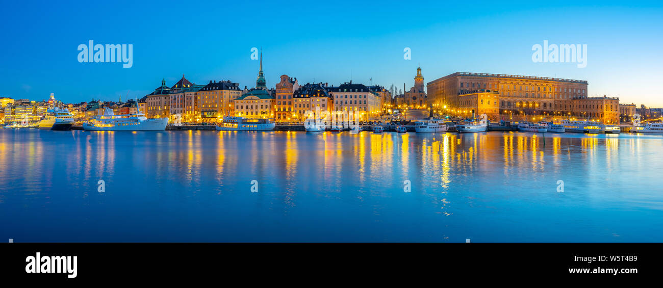 Panorama view of Gamla Stan at night in Stockholm city, Sweden. Stock Photo