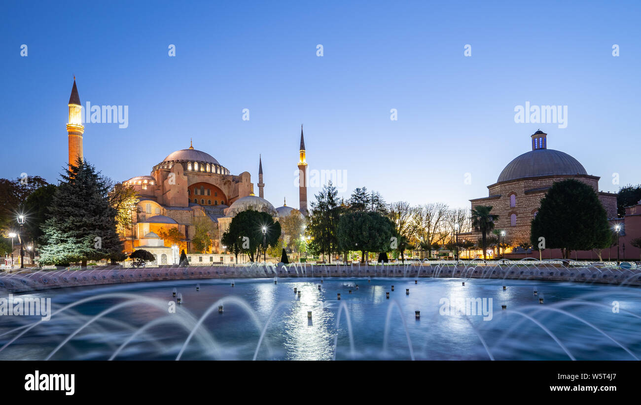 Panorama view of Hagia Sophia at night in Istanbul city, Turkey Stock ...