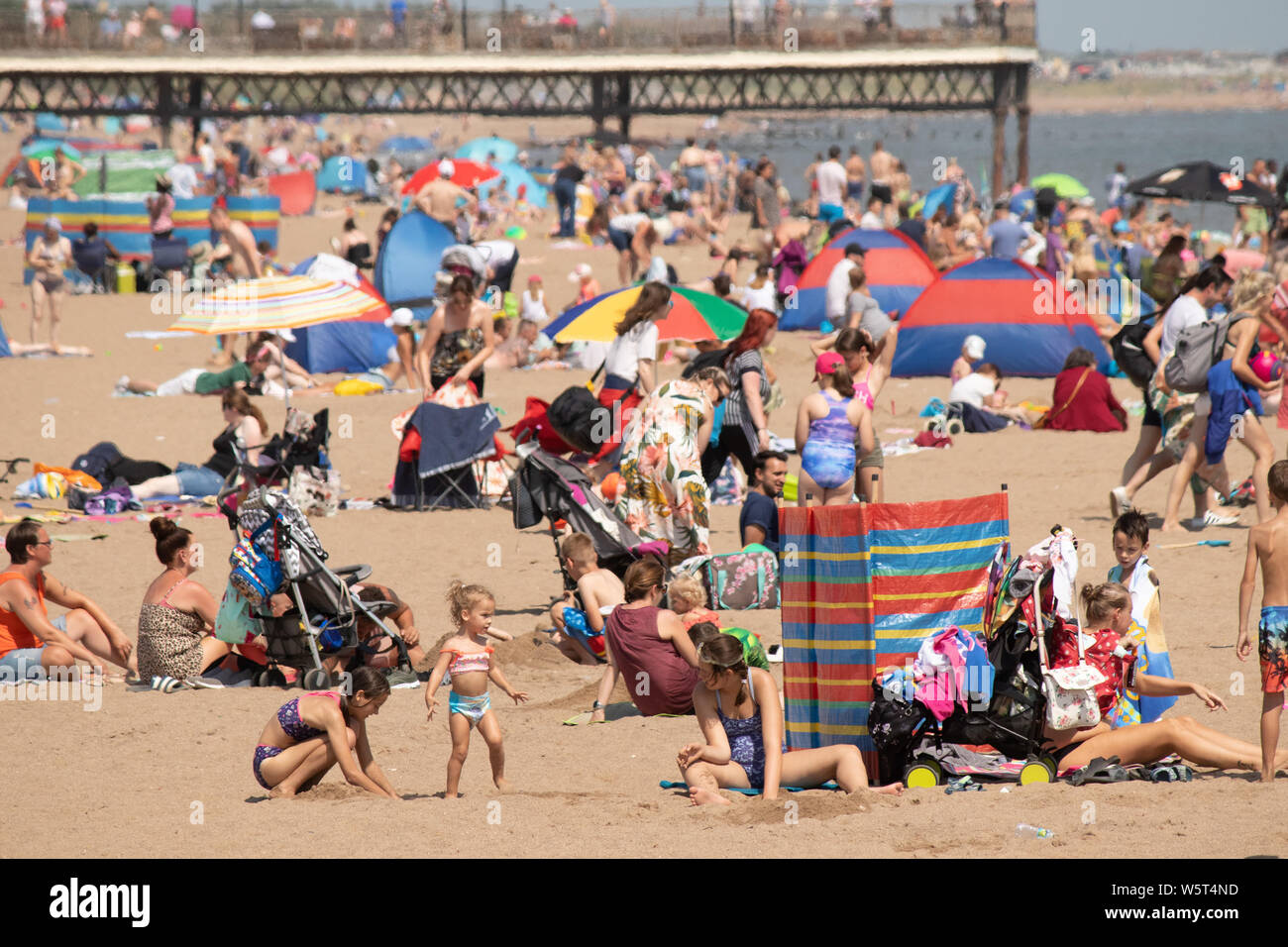 Hot weather in Skegness. People packed onto the beach on the hottest day of the year. Stock Photo