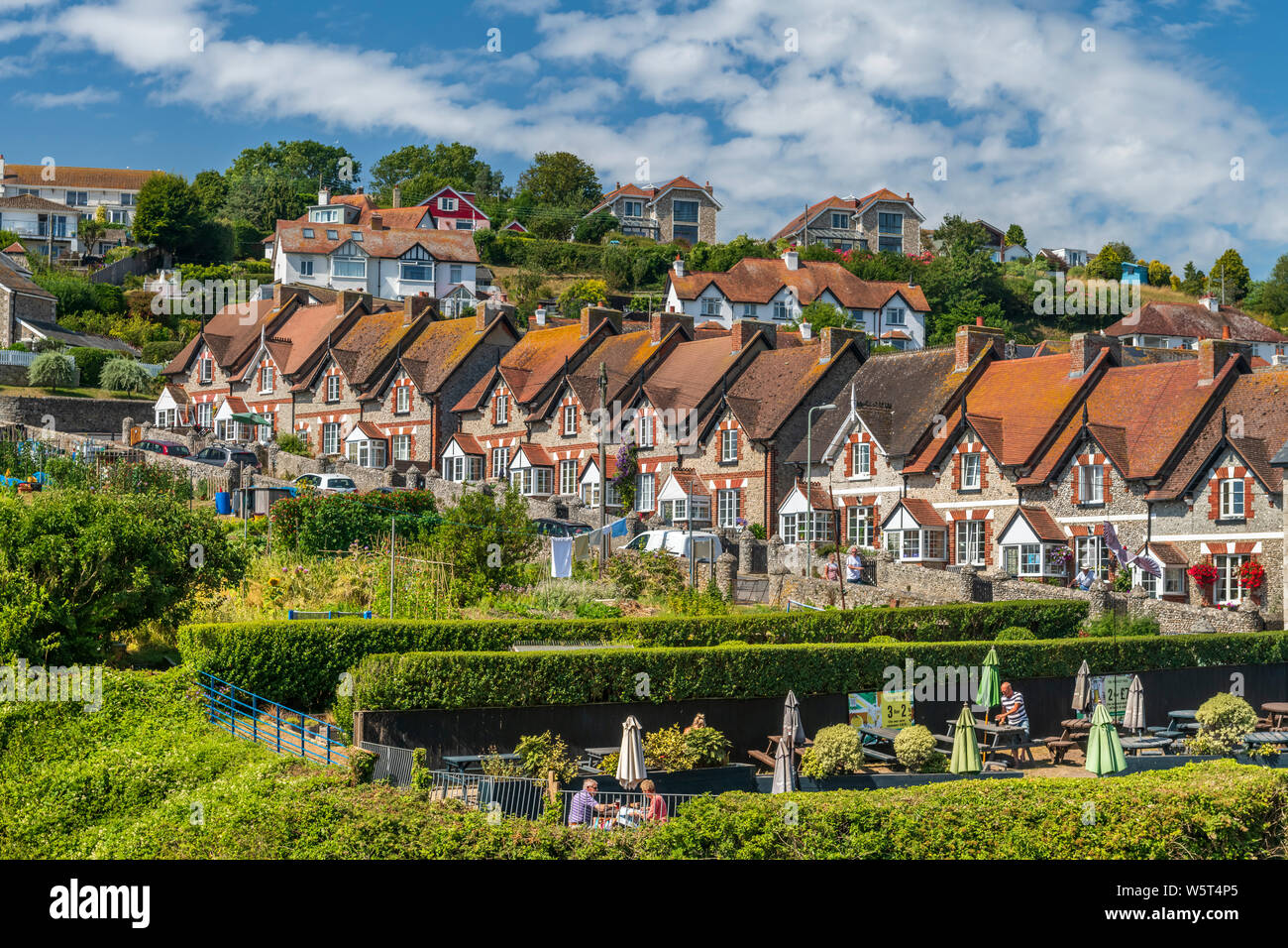 A picturesque row of cottages along 'The Meadows' in the East Devon seaside village of Beer. Stock Photo